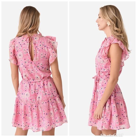 Revolve Oliphant Pink Flirty Floral Ruffle Hem Dress Size XL - Picture 2 of 8